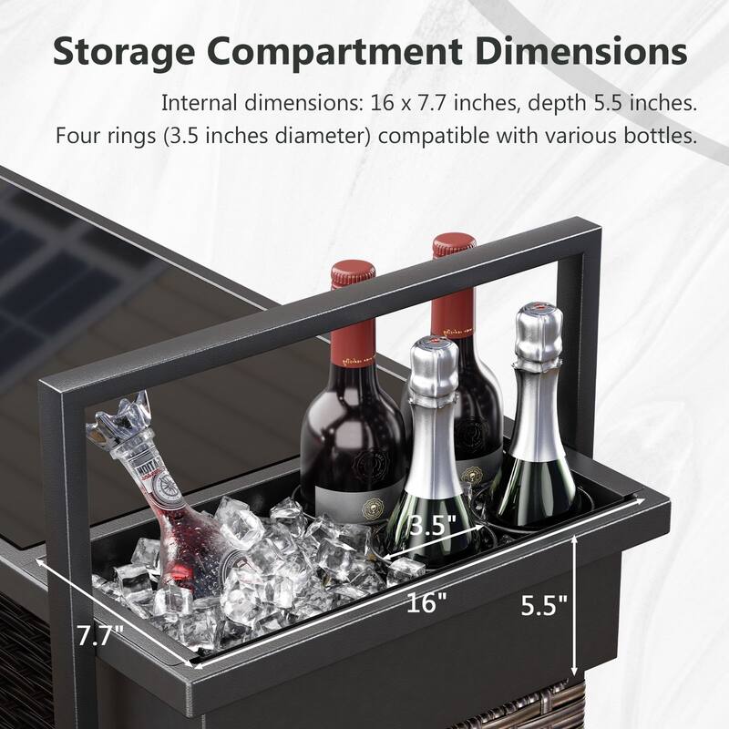 Outdoor 49.2" PE Wicker Bar Cart with Cabinet Patio Serving Cart with Tempered Glass Top