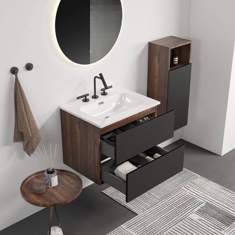 24" Wall-Mounted Bathroom Vanity with Integrated Ceramic Sink & Overflow, Large Storage Floating Vanity