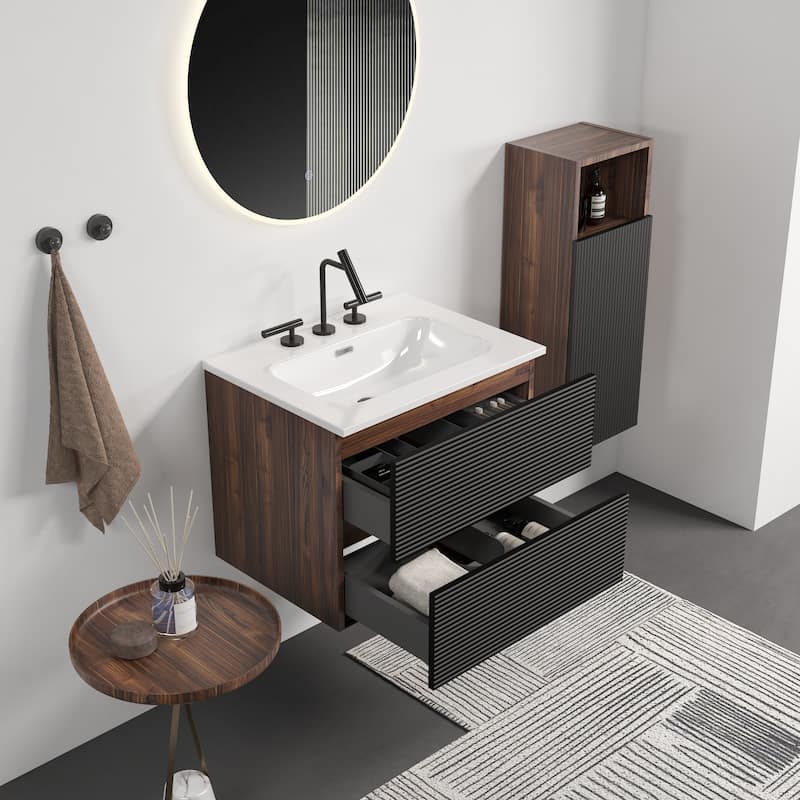24" Wall Mounted Soft Black & Walnut Bathroom Vanity with Integrated Ceramic Sink with Overflow, with 3 holes