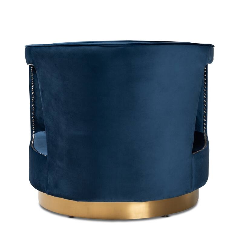 Neville Modern Luxe and Glam Navy Blue Velvet Fabric Upholstered and Gold Finished Metal Armchair - 28.70"H x 30.30"W x 31.10"D