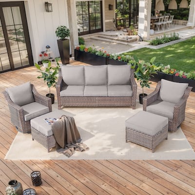 5 Piece Patio Glider Chair with Sofa Ottomans - Brown