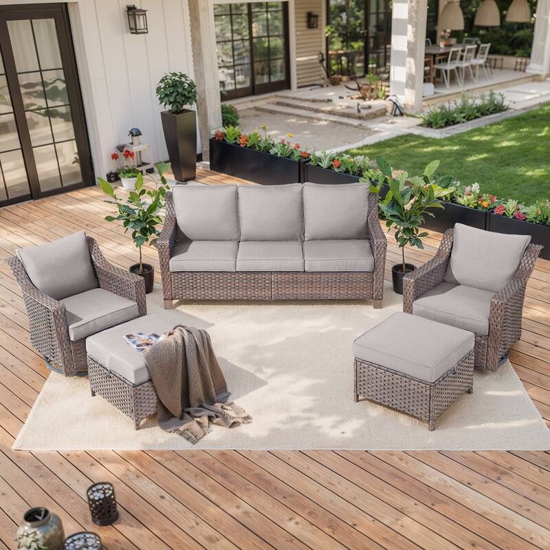 Outdoor Patio Sofa & Swive Chail with Ottoman - Grey - Brown