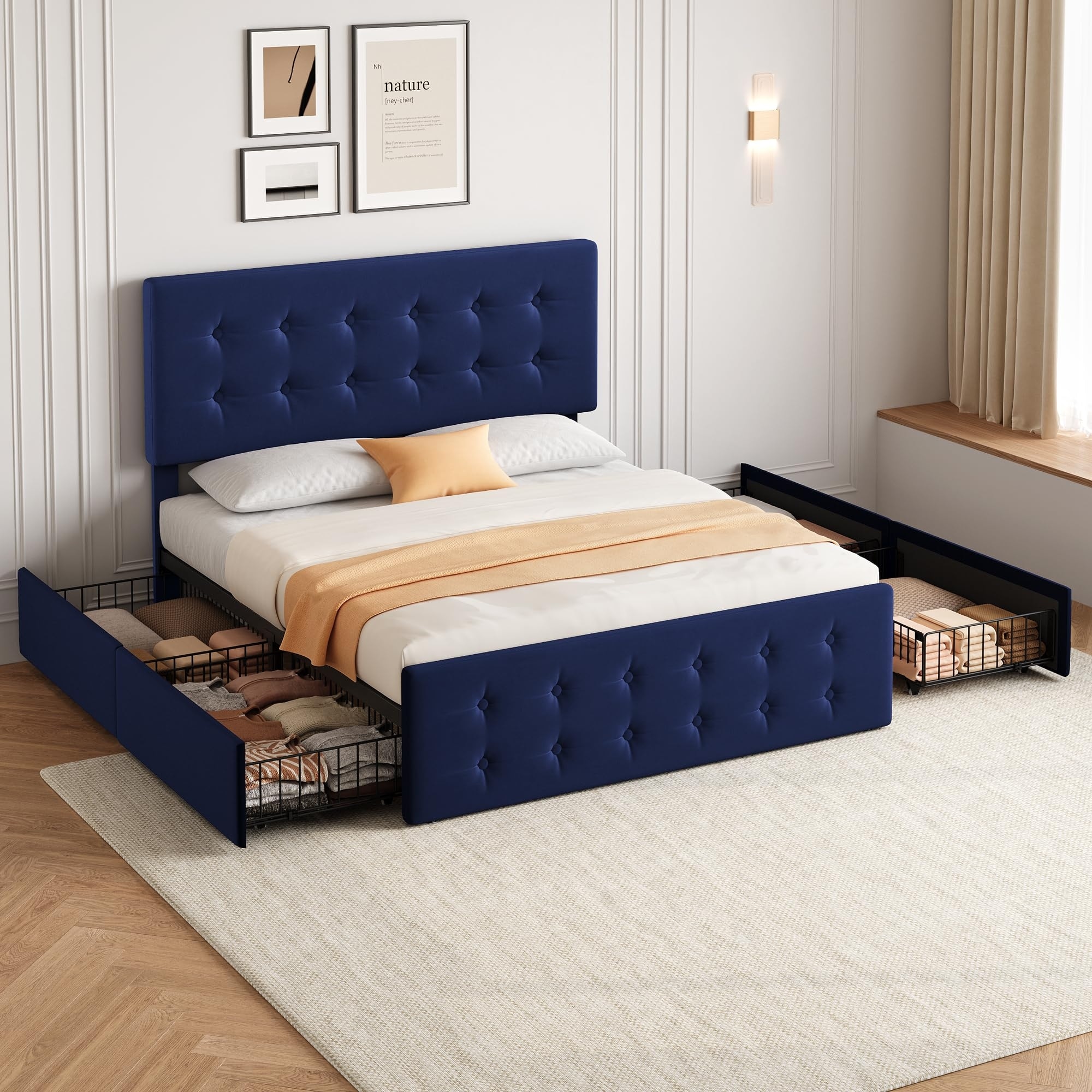 Queen Bed Frame with Headboard and 4 Storage Drawers, Platform Bed Frame Square Stitched Button Tufted