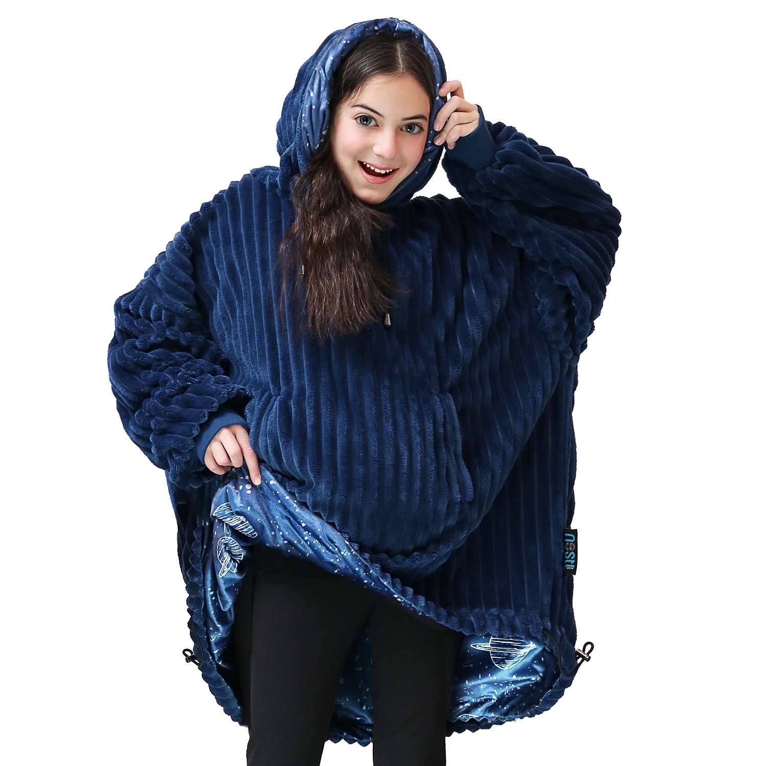 Nestl Warm Oversized Unisex Wearable Blanket Hoodie Reversible Cozy Snuggle Hoodie Blanket Giant Sweater Blanket Hoodie Kids Navy Planet