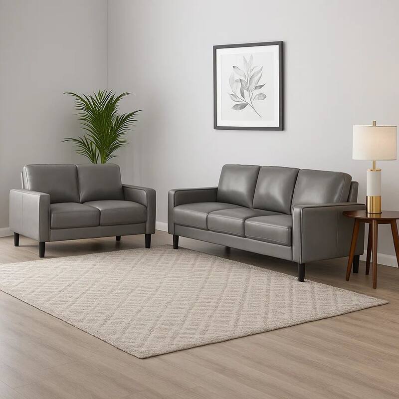 Rumi 2pc Sofa and Loveseat Set, Modern Track Arms, Gray Faux Leather