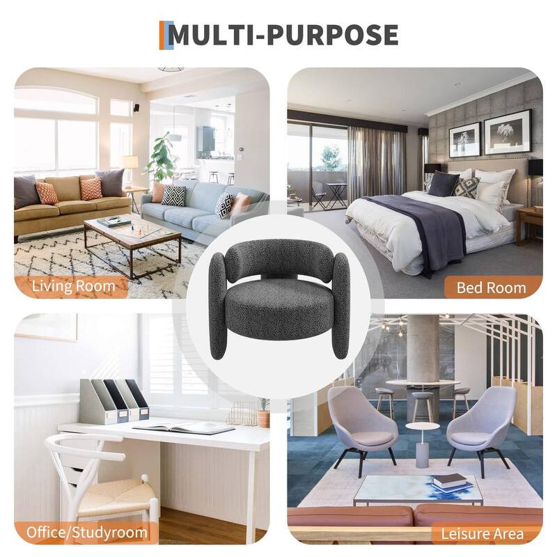 Accent Barrel Chair, Sherpa Upholstered Boucle Barrel Club Chair with Curved Backrest, Rubberwood Frame