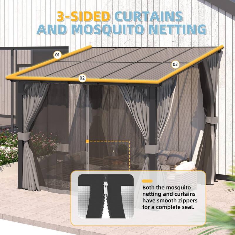 AECOJOY Gazebo for Patio, Small Wall-Mounted Lean to Pergola 8x8 Gazebo with Curtains and Netting, Hard Top Gazebo on Clearance