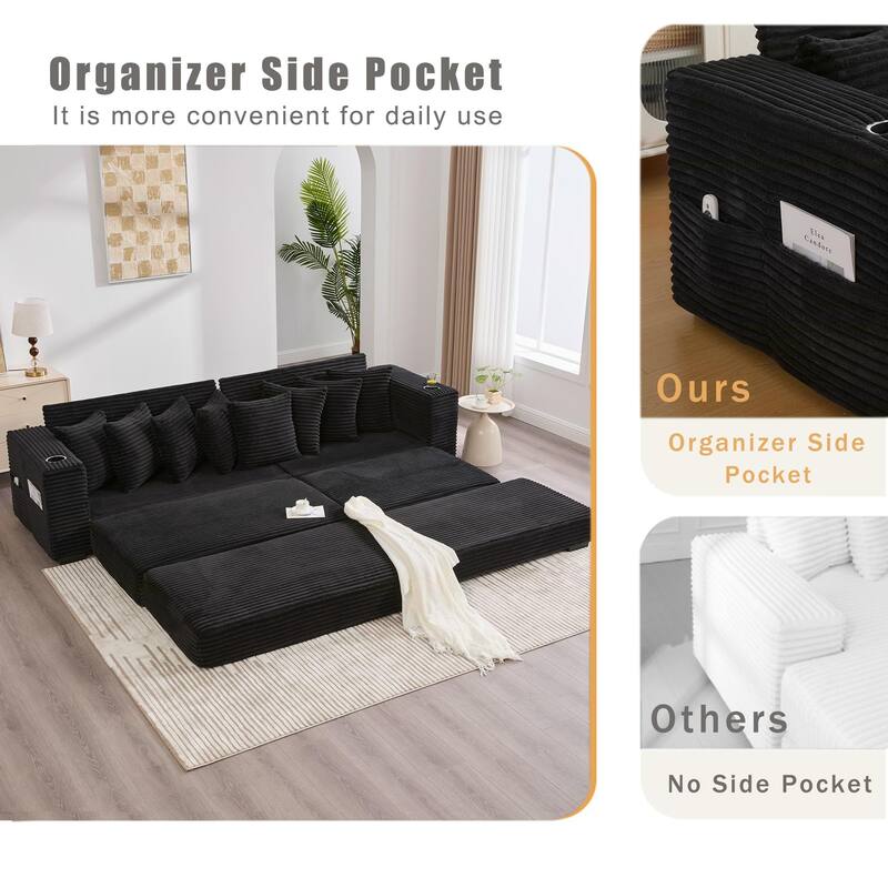 110.75" Corduroy Sectional Sofa, Convertible Sleeper Sofa Bed L-Shaped Upholstered Couch with Removable Footstool, Cup Holder