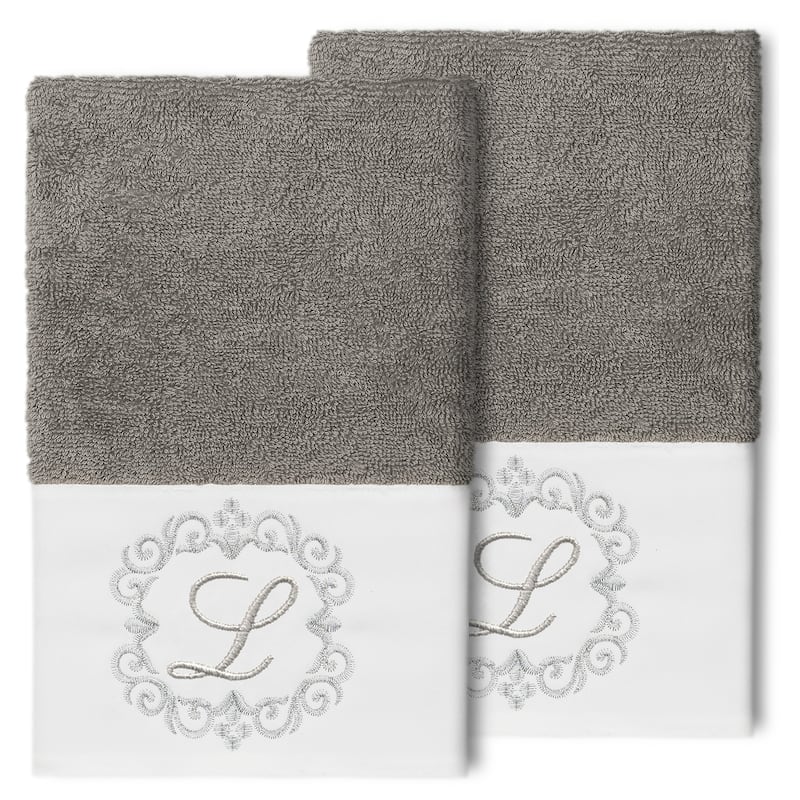 Authentic Hotel and Spa 100% Turkish Cotton Monica 2PC Embellished Hand Towel Set - L - Dark Gray