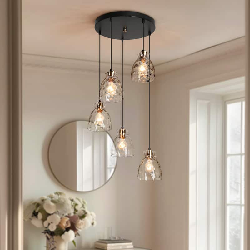 Elisie Modern Glam Cluster Chandelier 5-Light Water Hammered Glass Adjustable Foyer Pendant Light - D 19.7" x H 67.2"
