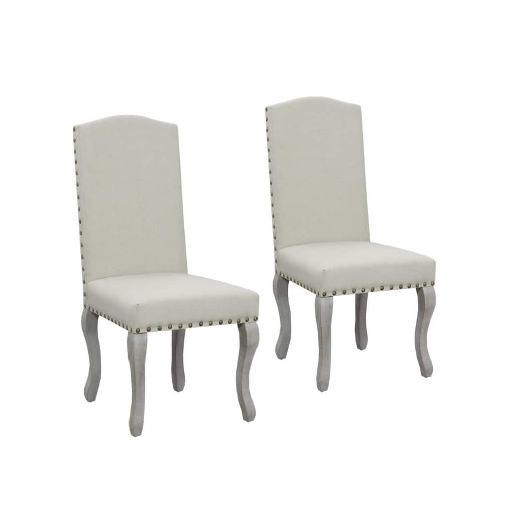 Set of 2 Beige and Gray Upholstered Parsons Dining Chairs with Nailhead Trim and Solid Wood Legs - 49.5”H x 21.5”W x 20”D