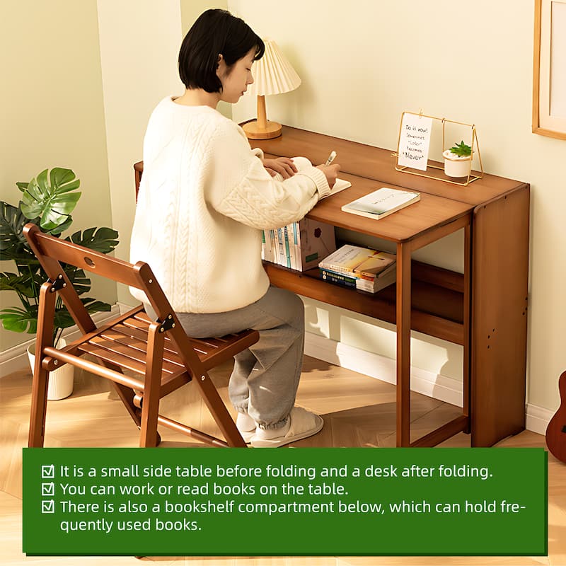 Bamboo Folding Desk for Small Spaces, Space-Saving Computer Table for Home Office & Dorm