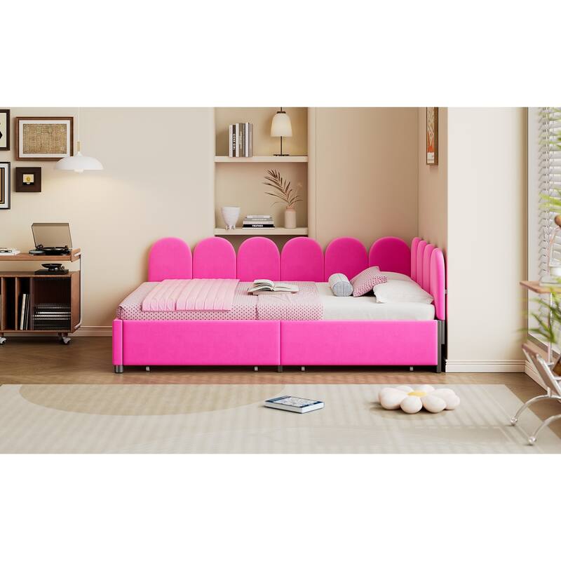 Full Size Velvet Upholstered Daybed with Two Drawers and Soft Headboard