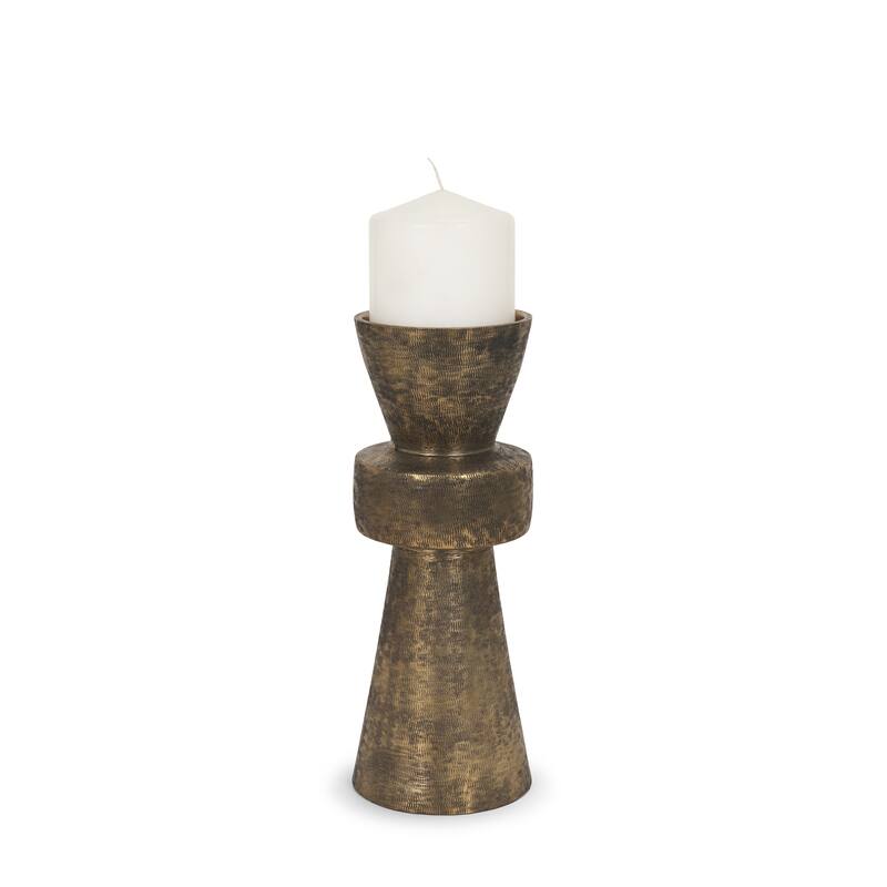 Odilia Large Textured Antiqued Gold Metal Geometric Pillar Candle Holder - 4.0L x 4.0W x 10.3H