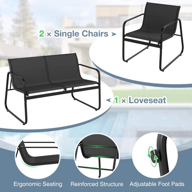 4 Piece Black Fabric Metal Outdoor Conversation Set with Table and Chairs - Table: 33.5" × 18" × 16" (L × W × H)
