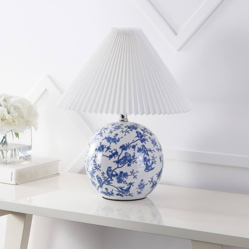 Alessio 19.5" Cottage Classic Chinoiserie Ceramic Orb LED Table Lamp with Pleated Shade, by JONATHAN Y