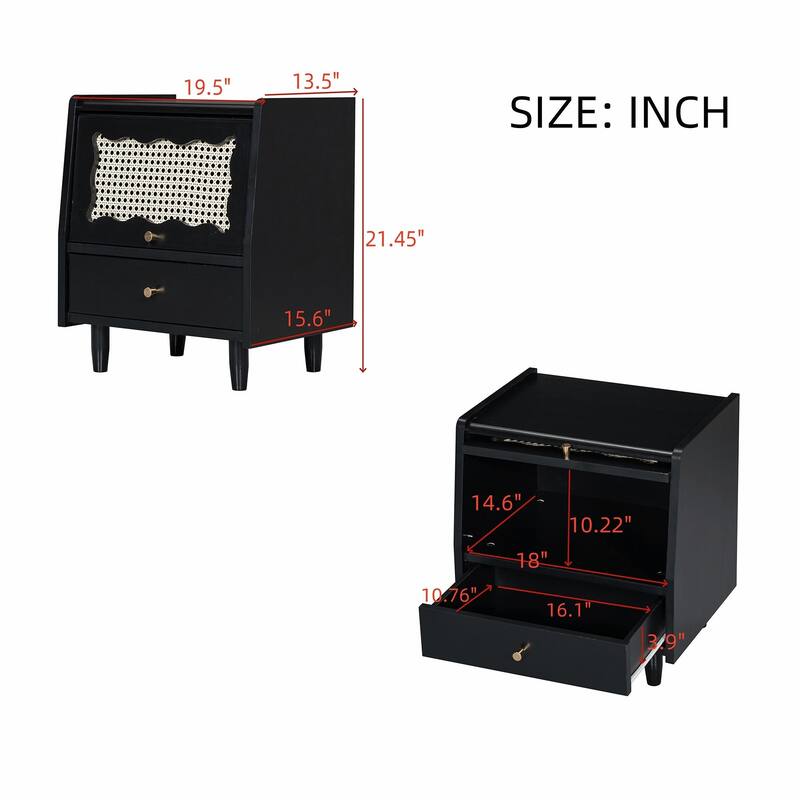 Wooden Nightstand with Rattan Storage Cabinet and 1 Drawer
