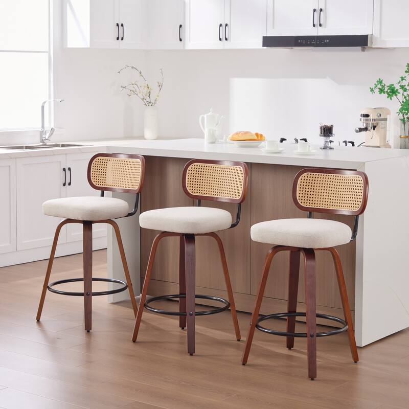 Roomfitters Upholstered Swivel Bar Stools Set of 3 with Rattan Back and Wood Legs, Modern Counter Height Dining Chairs