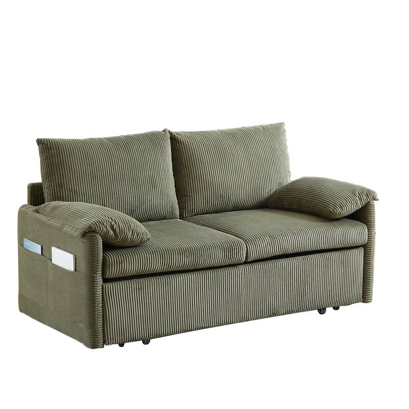 65" Corduroy 2-Seater Sleeper Sofa, 3-in-1 with Storage and Side Pocket