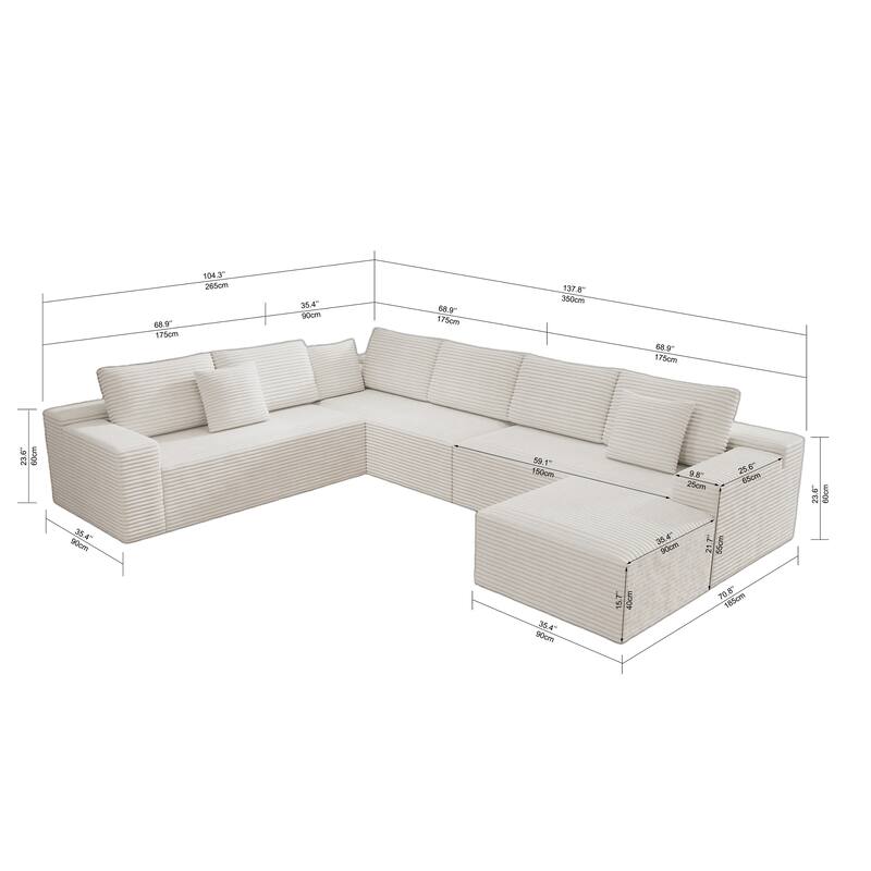 Roomfitters 137.8" Modular Sectional Sofa, 4-Piece Compressed Cloud Couch, No Assembly Required, Plush Corduroy, White