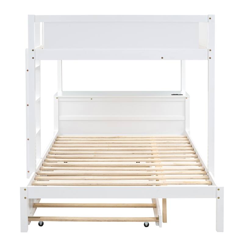 Full-Over-Full Bunk Bed with Twin Trundle, Storage Desk, White