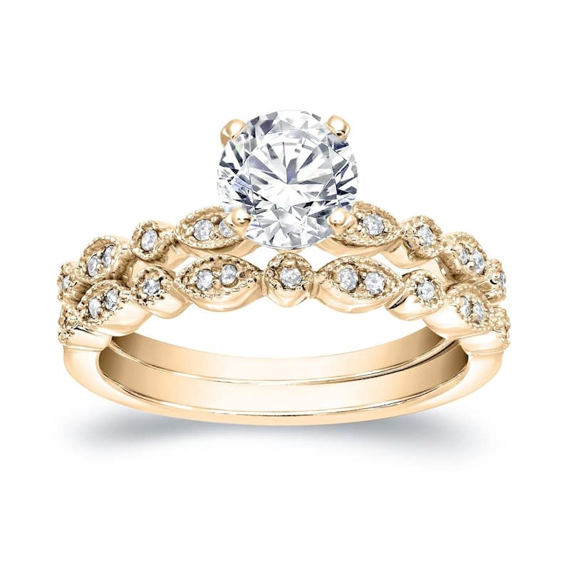 Auriya 14k Gold 4/5ctw Vintage Inspired Diamond Engagement Ring Set - Yellow - 4