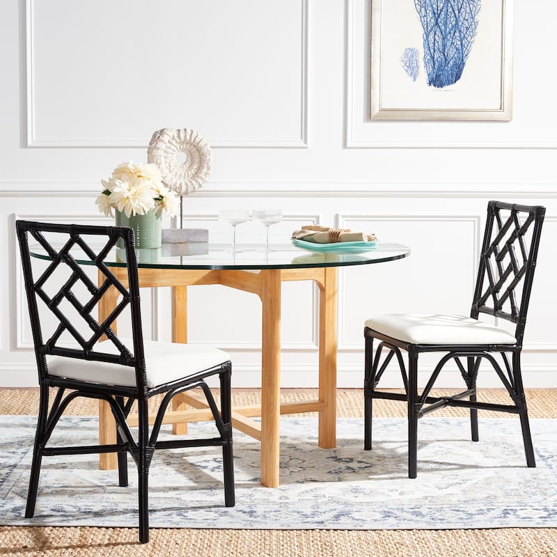 SAFAVIEH Maye Rattan Accent Chair with Cushion (Set of 2) - 18.5" W x 20.9" L x 35.8" H - 19Wx21Dx36H - Black/White