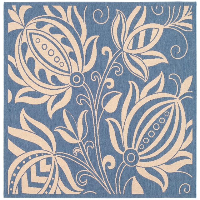 SAFAVIEH Courtyard Leatrice Indoor/ Outdoor Patio Backyard Rug - 7'10" x 7'10" Square - Blue/Natural
