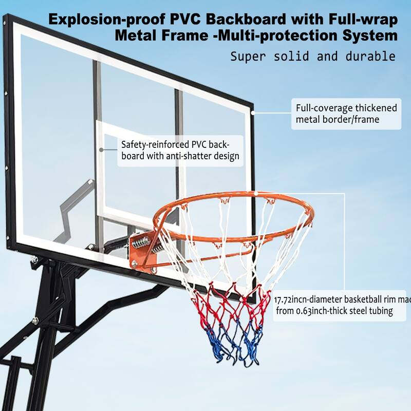 Portable Basketball Hoop,Adjustable Height 8.04ft to 10.01ft,44 inch Backboard with Rebound System,w/Rebound Board & Wheels