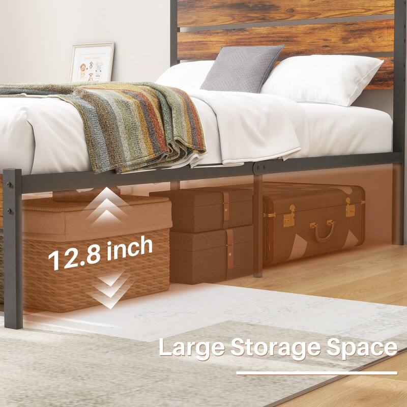 Wood Platform Bed Wood Bed Frame with Headboard, No Box Spring Needed