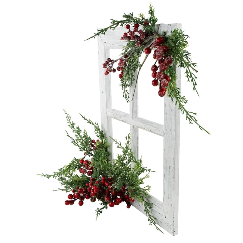 22" White Washed Window Frosted Berries and Cedar Christmas Wall Decor