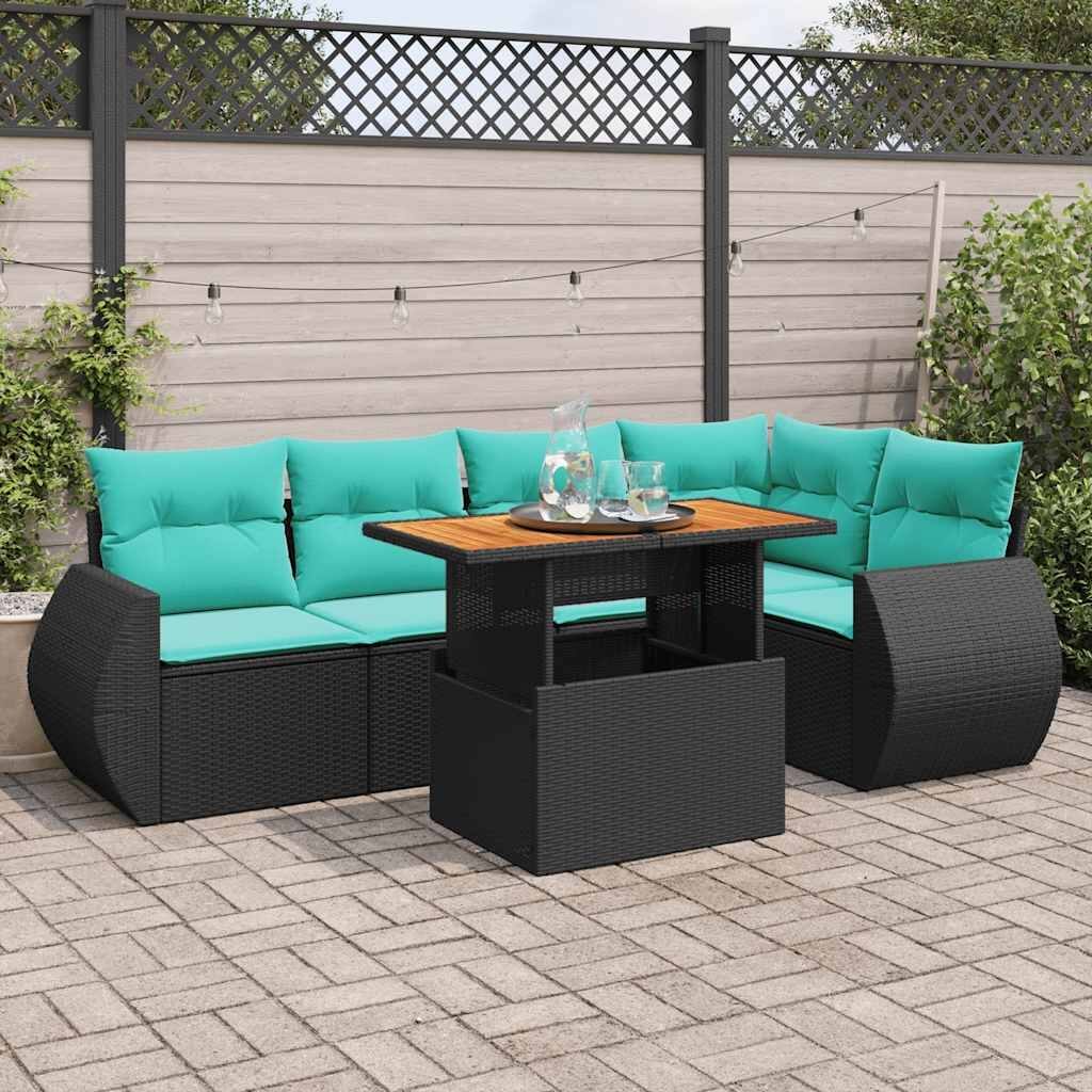 vidaXL 6 Piece Patio Sofa Set with Cushions Black Poly Rattan - 21.7 x 24.4 x 27.2
