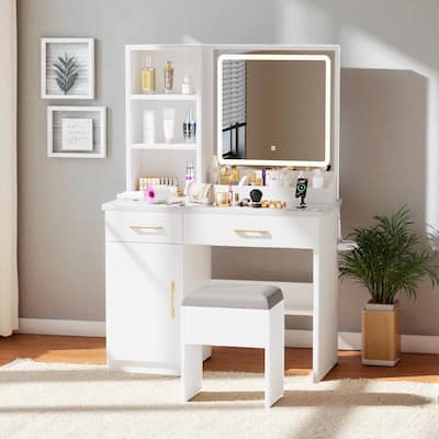Vanity Table with Lighted Mirror, 3-Color LED, Power Outlets, Storage Drawers, Cabinet & Stool, Makeup Desk for Bedroom