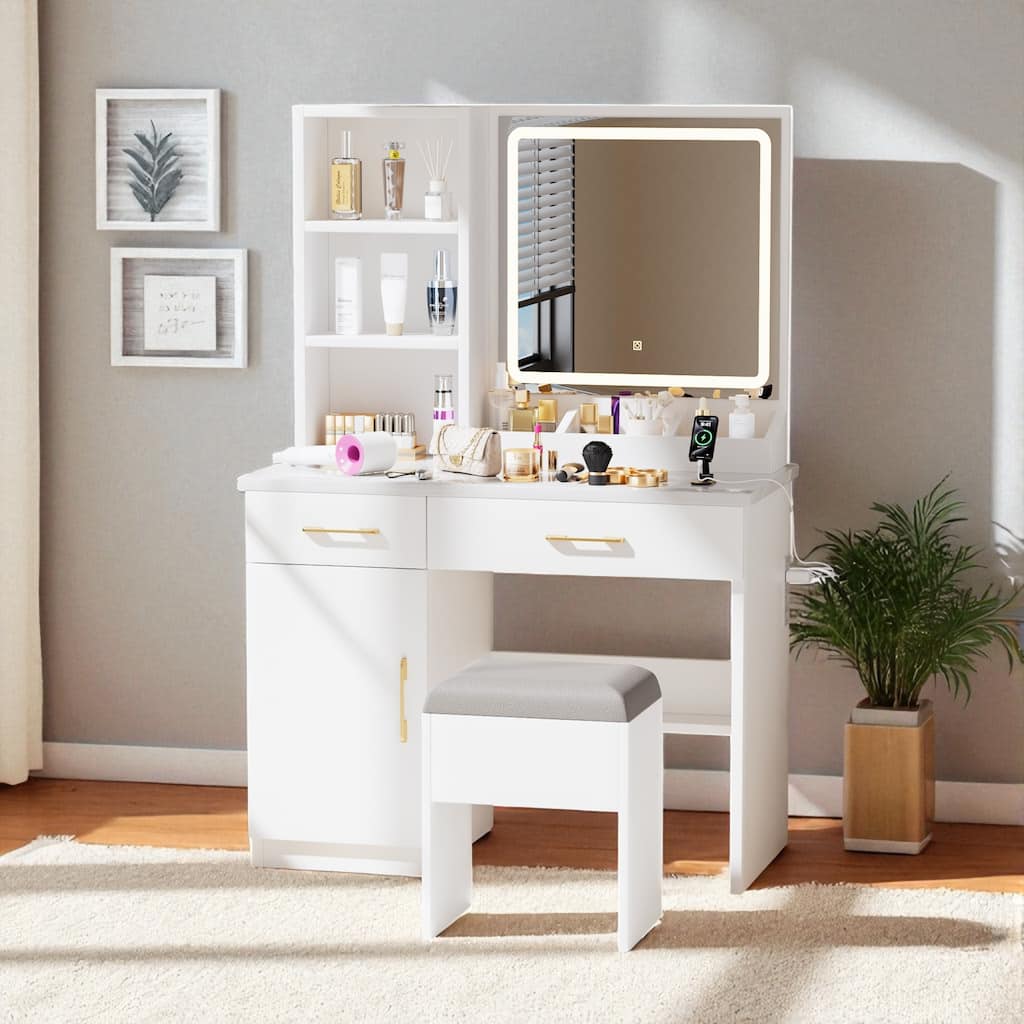 Vanity Table with Lighted Mirror, 3-Color LED, Power Outlets, Storage Drawers, Cabinet & Stool, Makeup Desk for Bedroom