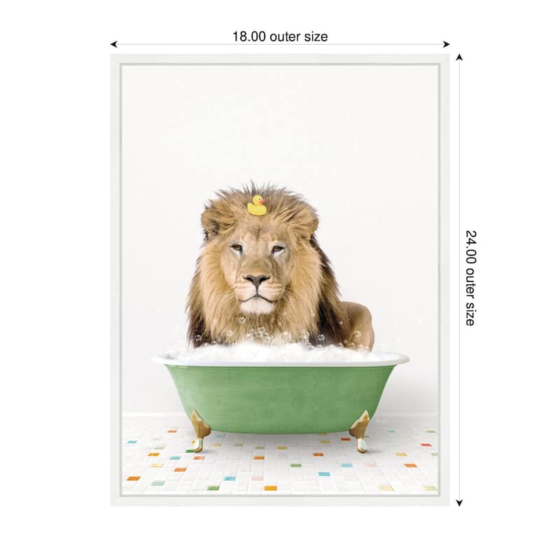 Kate and Laurel Sylvie Lion in Green Bathtub on Colored Tile Framed Canvas by Amy Peterson