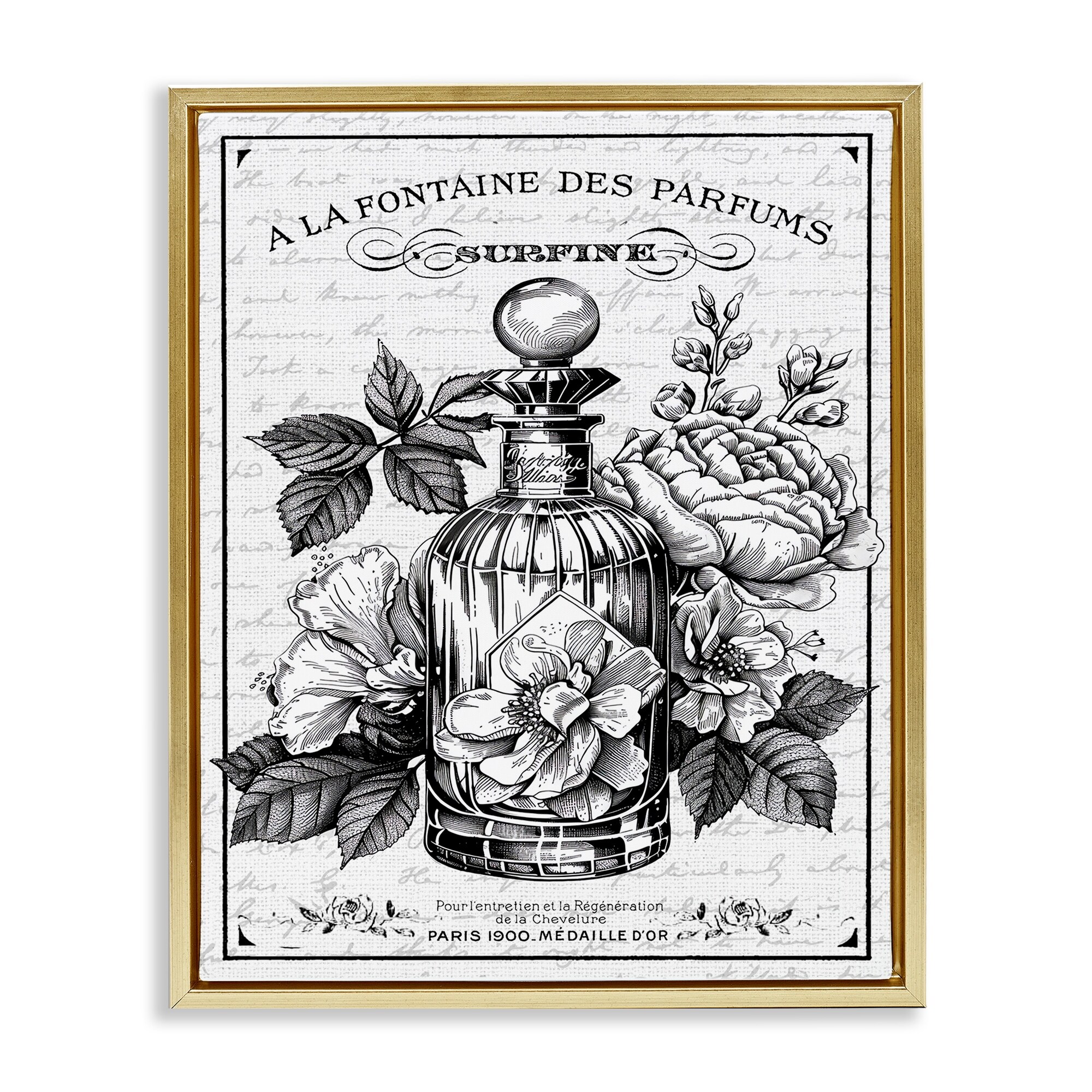 Stupell Vintage French Perfume & Blossoms Framed Floater Canvas Wall Art Design By Lettered and Lined