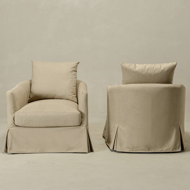 KINWELL 32" W Down Fill Upholstered Slipcovered Swivel Barrel Accent Armchair