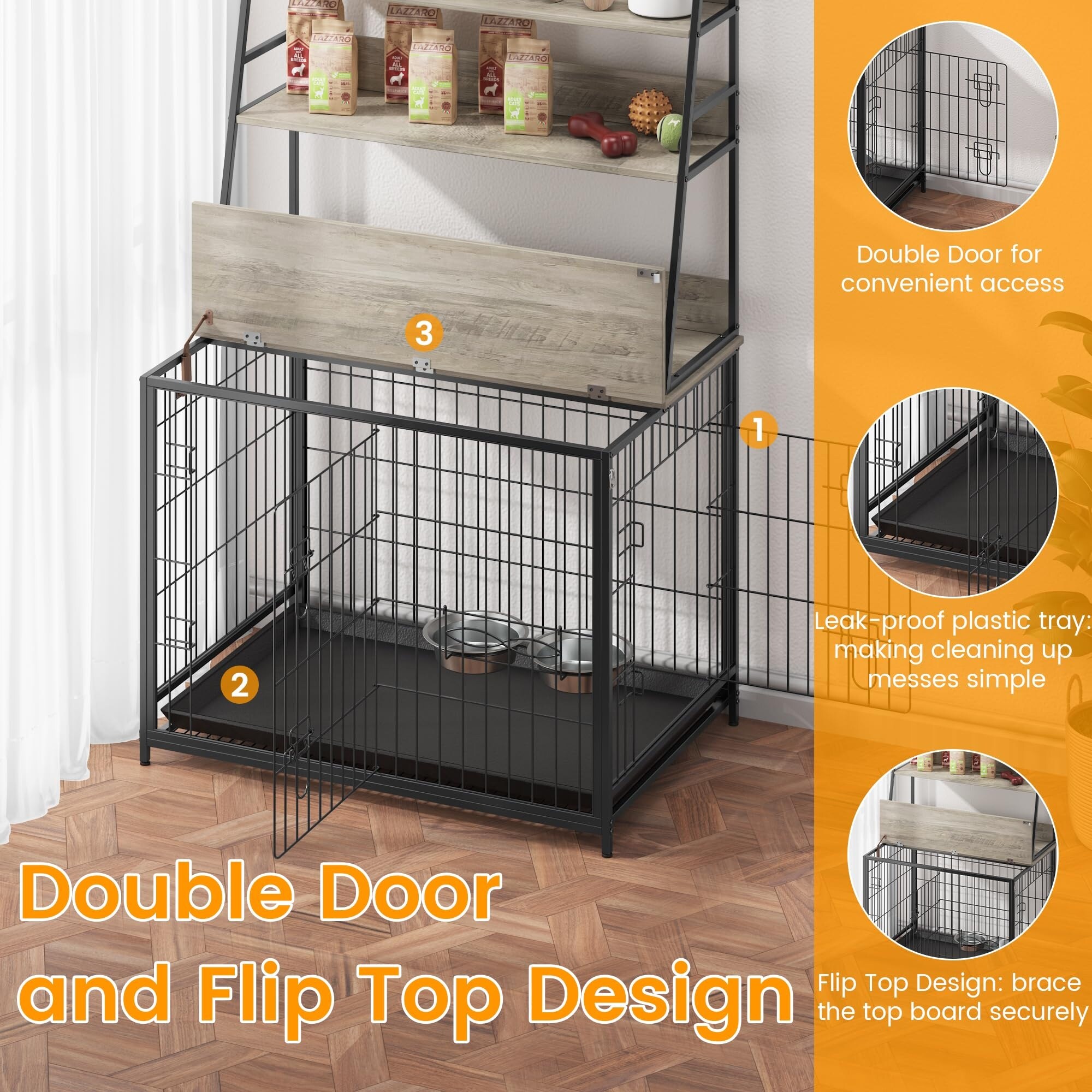 Modern Dog Crate Furniture with Storage Shelves 37.4 L x 24.4 W x 57 H Grey