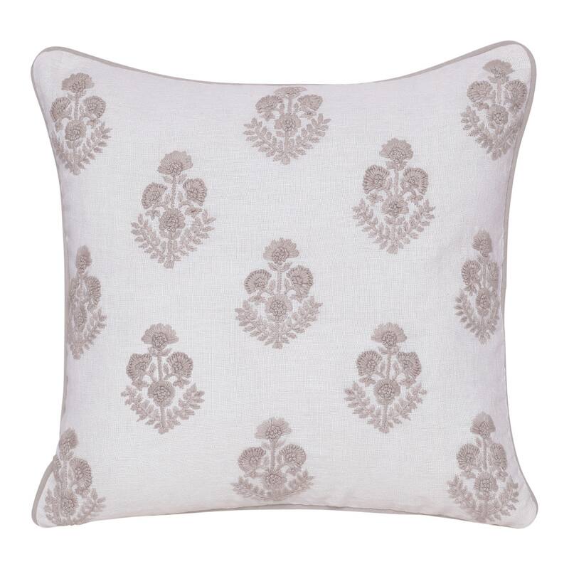 20" Off White And Taupe Floral Linen Throw Pillow Cover with Embroidery