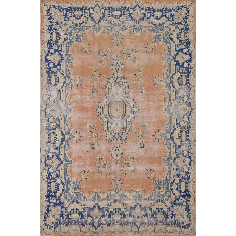 Distressed Kerman Vintage Persian Area Rug Handmade Wool Carpet - 6'4" x 8'11"