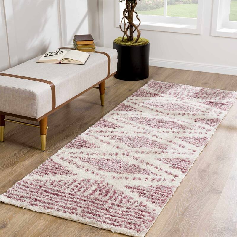 Hauteloom Lux Shag Collection Moroccan Farmhouse Shaggy High Plush Pile Area Rug - 2'7" x 7'3" - Pink, Cream / Galaxy Shag