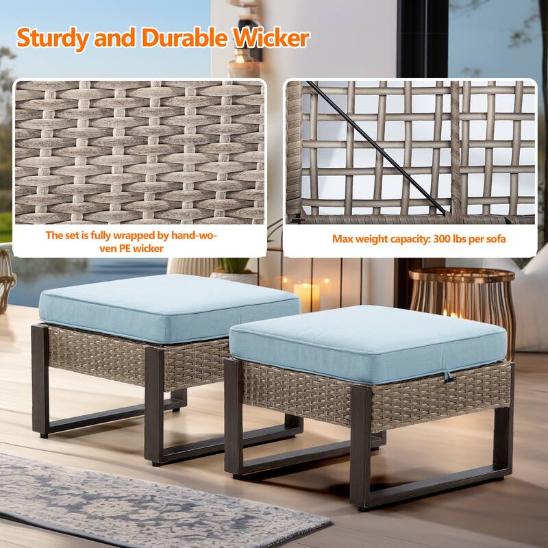 Cozywor 2-Piece Wicker Outdoor Patio Ottoman with Steel Frame and Cushions