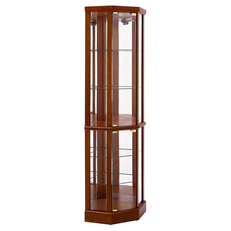 Corner Curio Cabinet with Lights, Floor Standing Display Cabinet, China Cabinet with Tempered Glass Shelves & Mirror Back