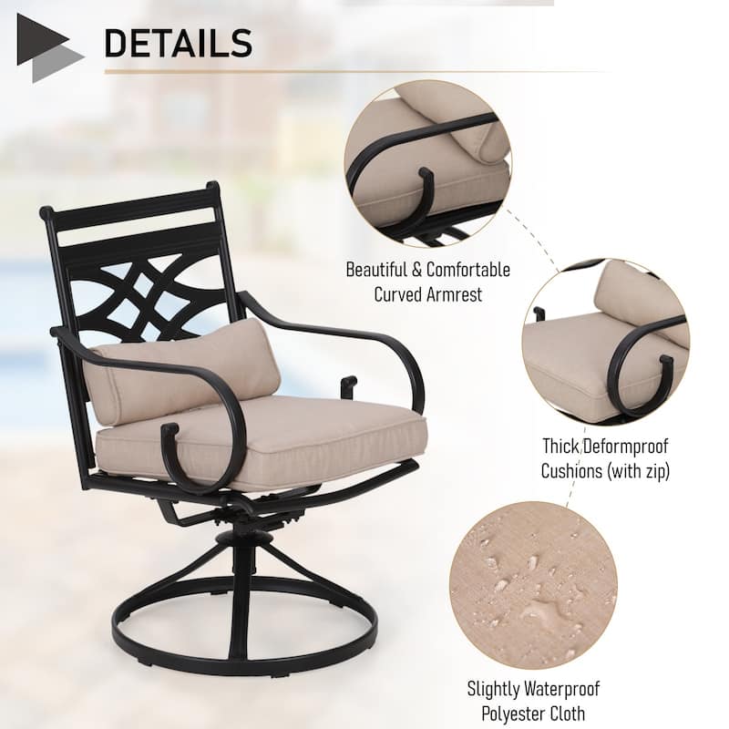 MAISON ARTS Wood-look Table and 4 Pattern Swivel Chairs with Cushion 5-Piece Metal Outdoor Patio Dining Set