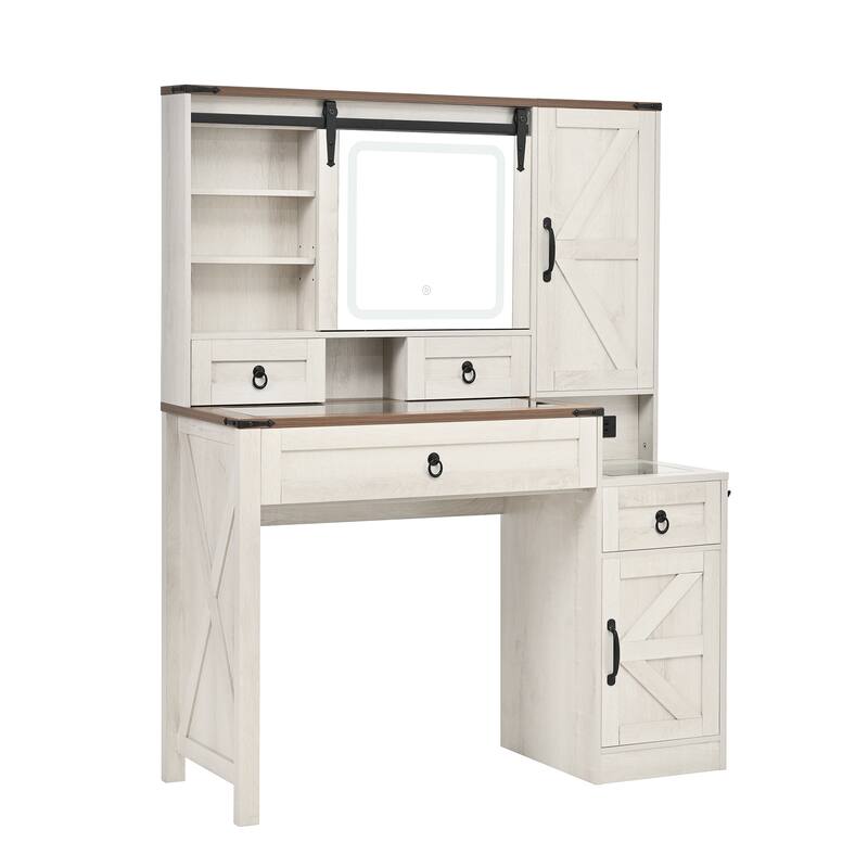 2-Piece Bedroom Makeup Vanity Set with Stool, Farmhouse Glass Top Vanity Desk with Sliding Mirror, Lights and Charging Station