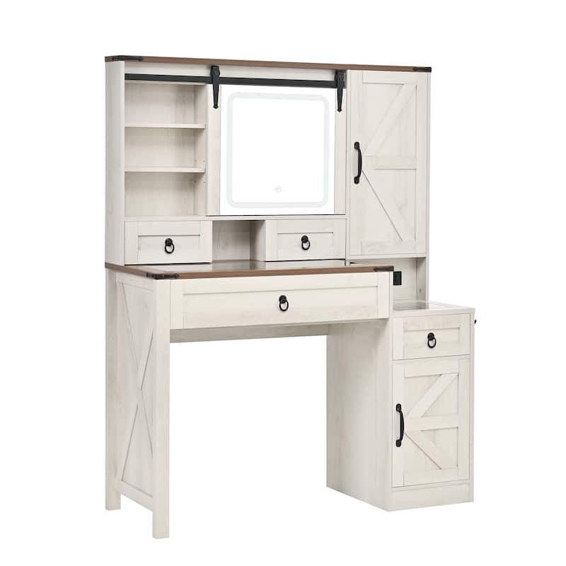 Anmytek Makeup Vanity Desk Set with LED Mirror and Barn Door Farmhouse Dressing Table with Charging Station