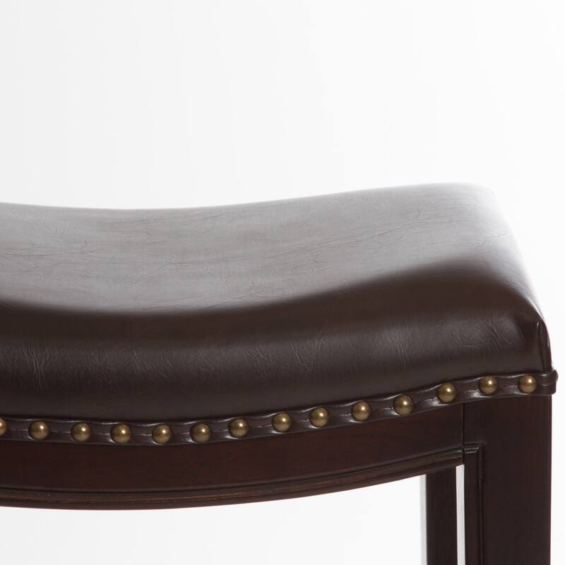 2-Pcs Set Wooden Frame Barstool, Nailhead Trim Saddle Bar Chair, Backless Counter High Chair, Upholstered Dining Chair