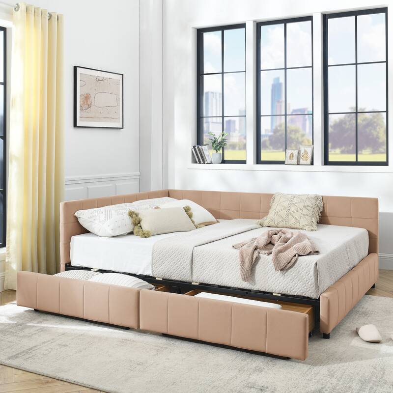 L-shaped Velvet Upholstered Daybed Tufted Sofa Bed with Soft Backrest Armrests - and Optional Corner Storage Day Bed