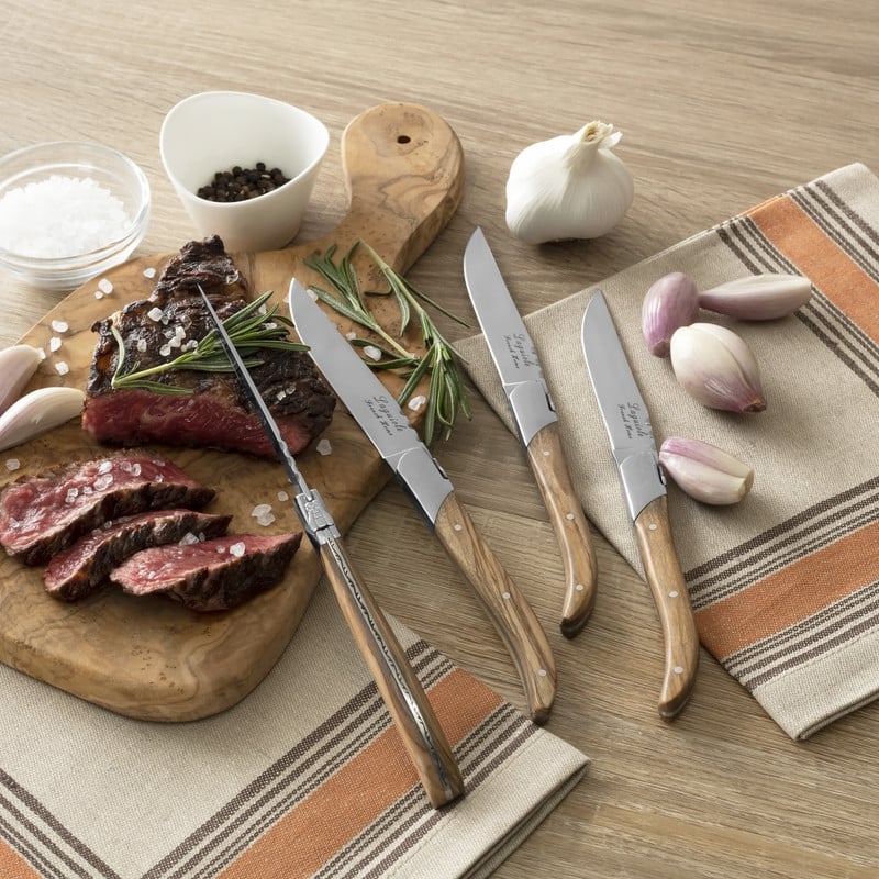 French Home Laguiole Set of 4 Connoisseur Steak Knives with Olive Wood Handles - Silver
