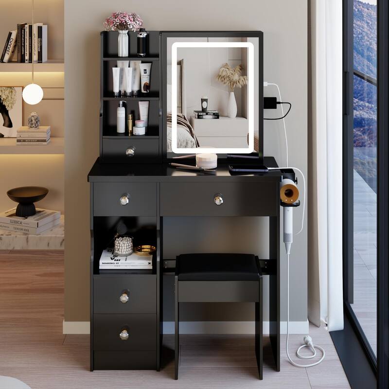 Small Size Left Drawer Desktop Vanity Table + Cushioned Stool,Extra Large Touch Control Sliding LED Mirror,Tri-color Switching